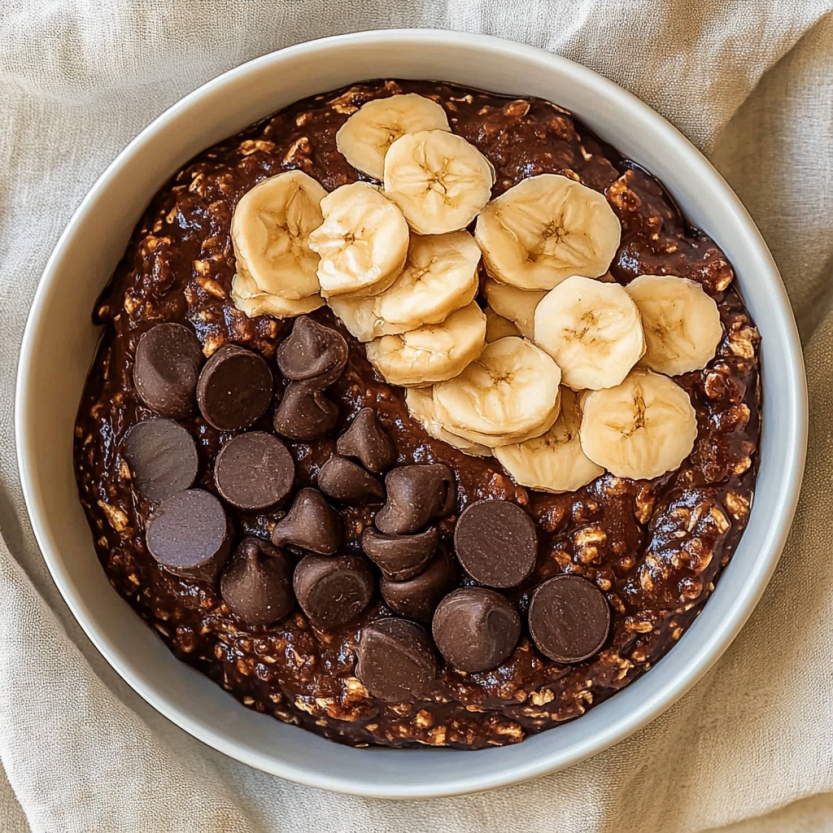 A bowl of chocolate oatmeal with bananas.