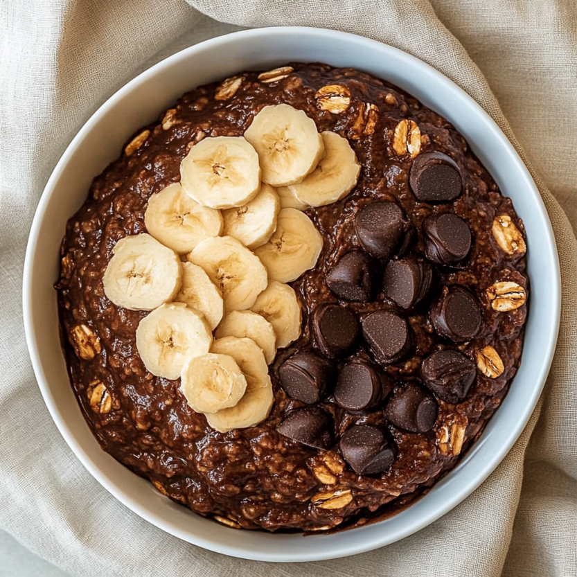 A bowl of chocolate oatmeal with bananas.