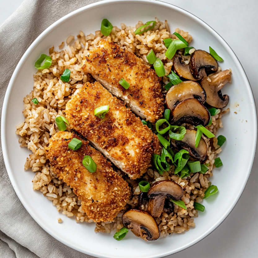 A plate of rice with chicken and mushrooms.