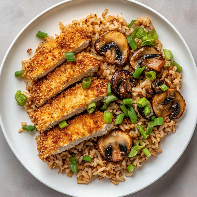A plate of food with rice and mushrooms.