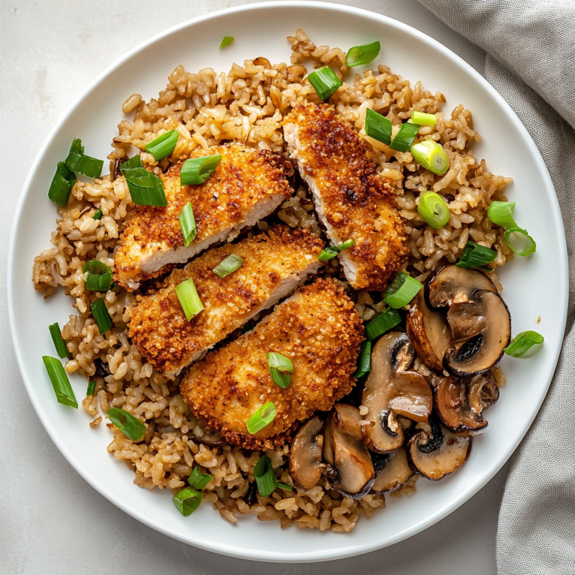 A plate of rice with chicken and mushrooms.