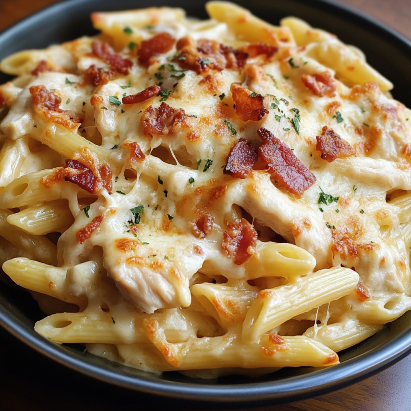 A bowl of chicken bacon ranch pasta bake.