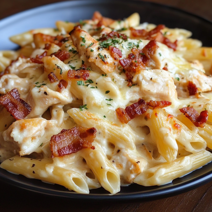 A plate of chicken bacon ranch pasta bake.