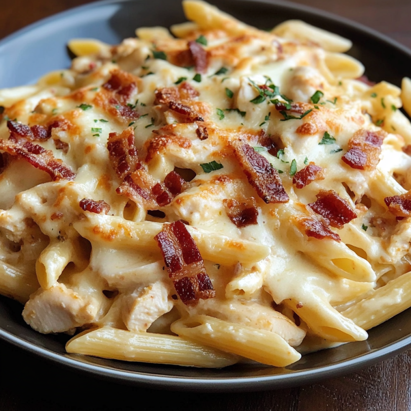 A plate of chicken bacon ranch pasta bake.