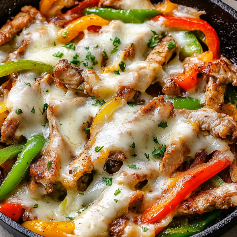 A skillet with chicken and peppers.