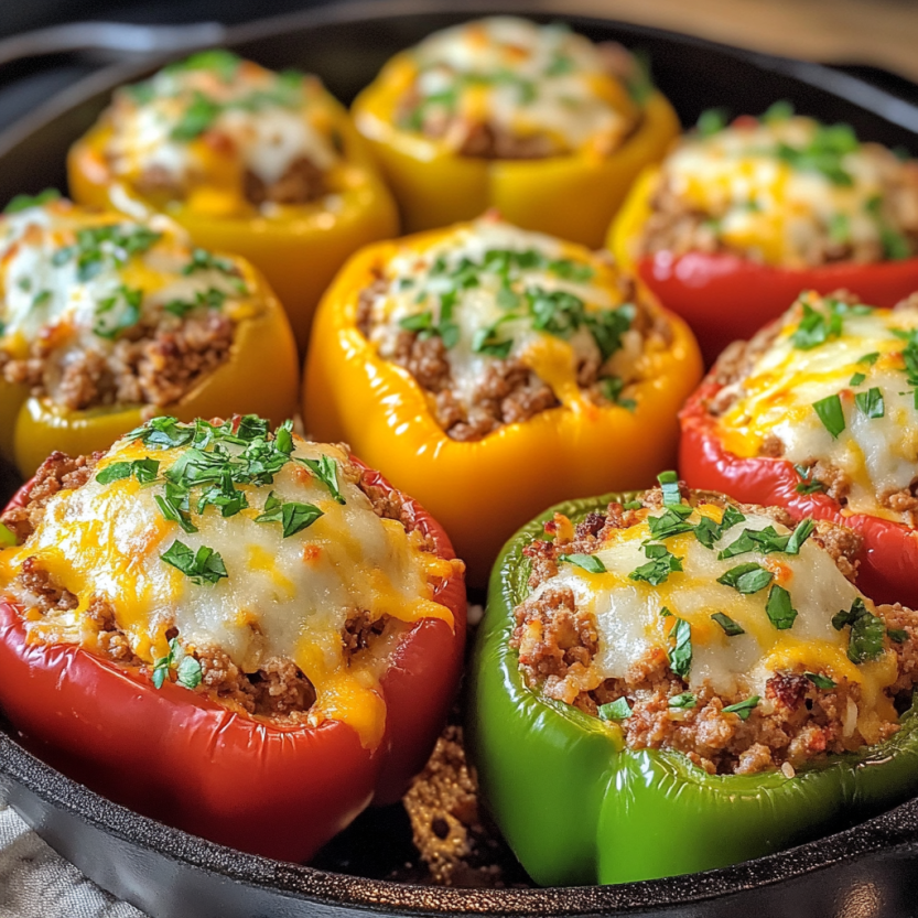 A pan of stuffed bell peppers.