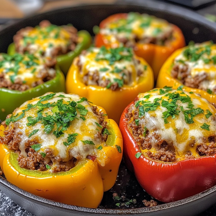 A pan of stuffed bell peppers.