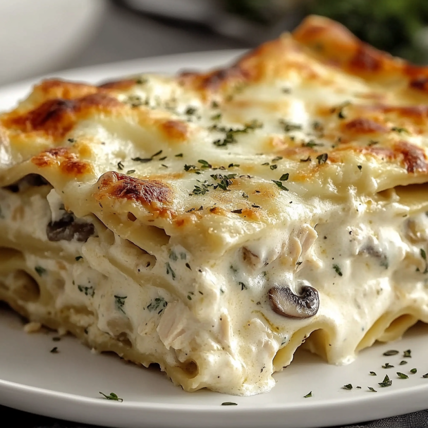 A plate of cheesy chicken alfredo lasagna.