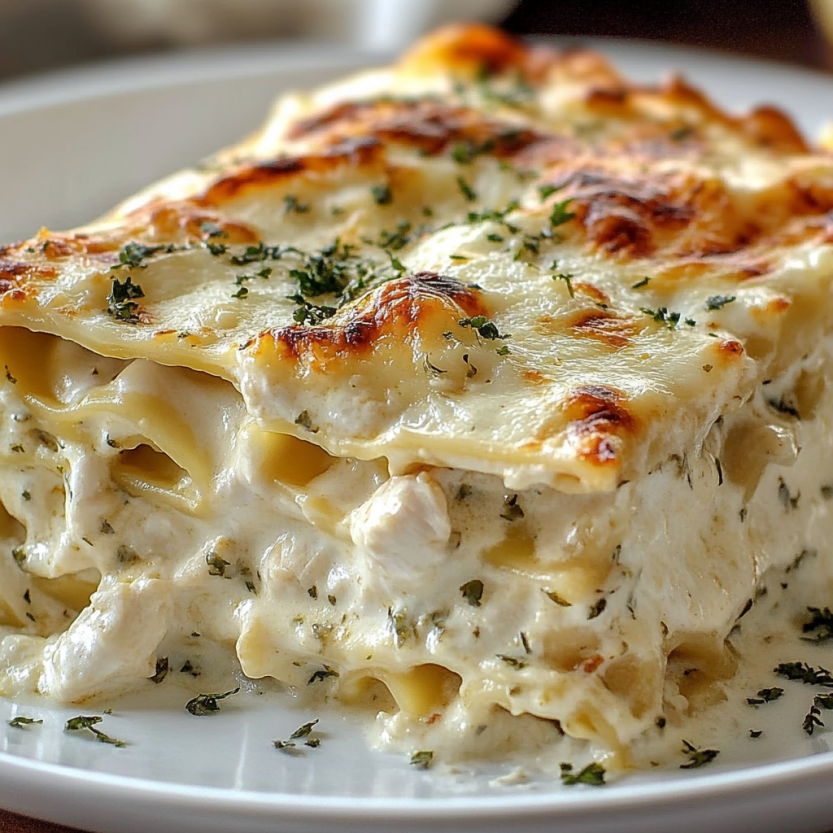 A cheesy chicken Alfredo lasagna on a plate.