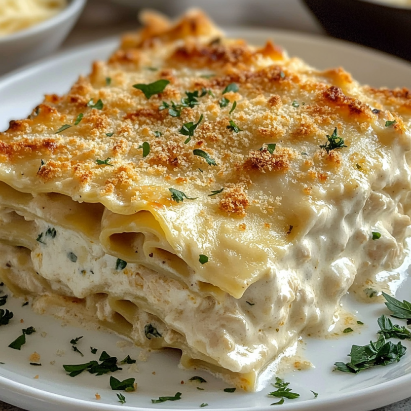 A plate of cheesy chicken alfredo lasagna.