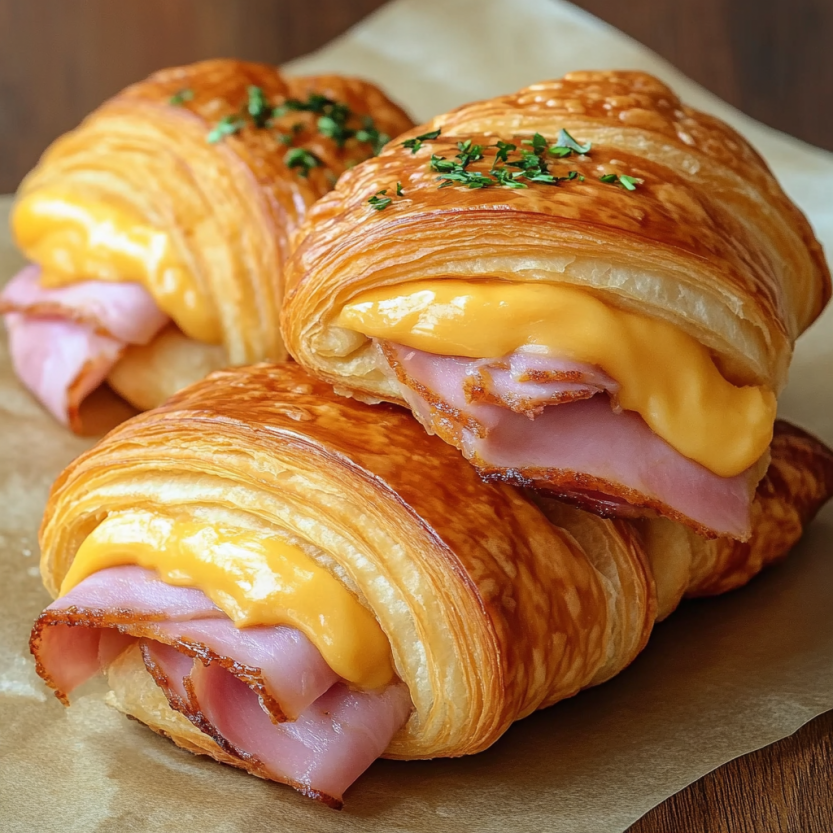 Two crescent roll-ups filled with ham and cheddar cheese.