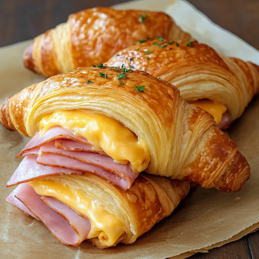Two crescent roll-ups filled with ham and cheese.
