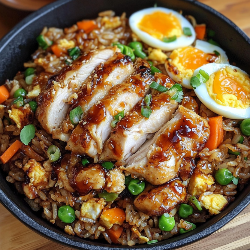 A plate of bang bang chicken fried rice.