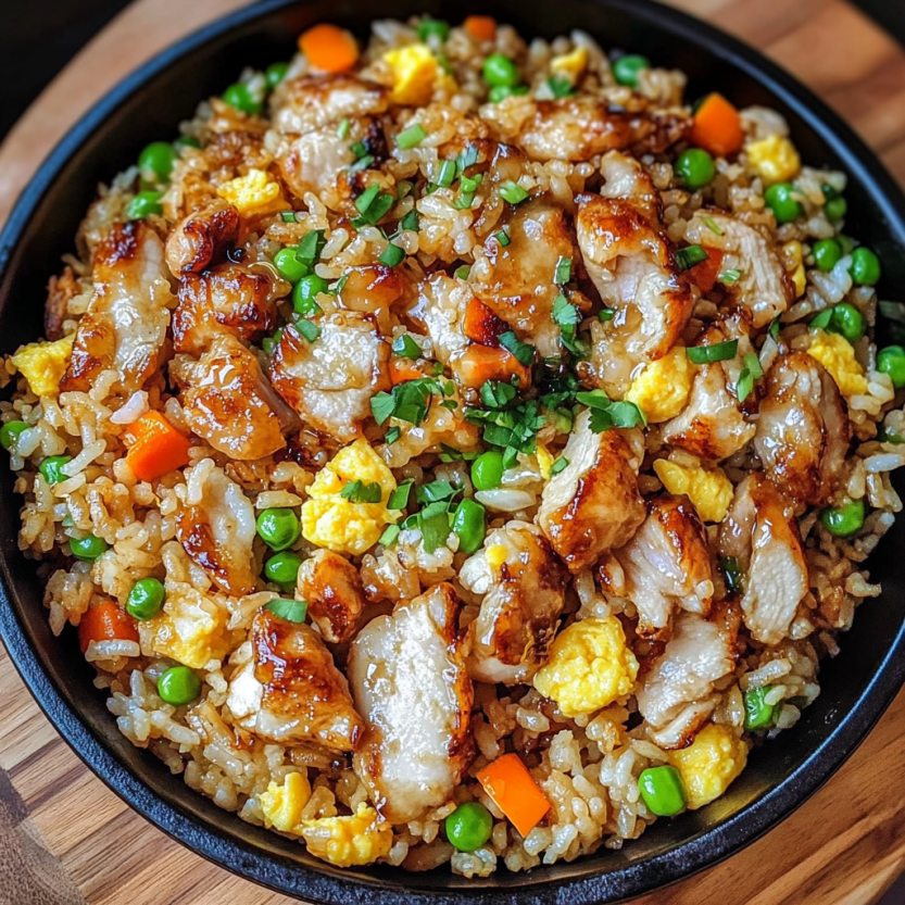 A bowl of rice with chicken and vegetables.