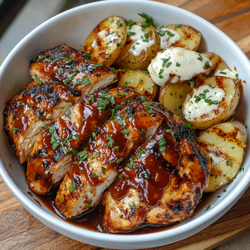 A bowl of BBQ chicken and garlic Parmesan potatoes.