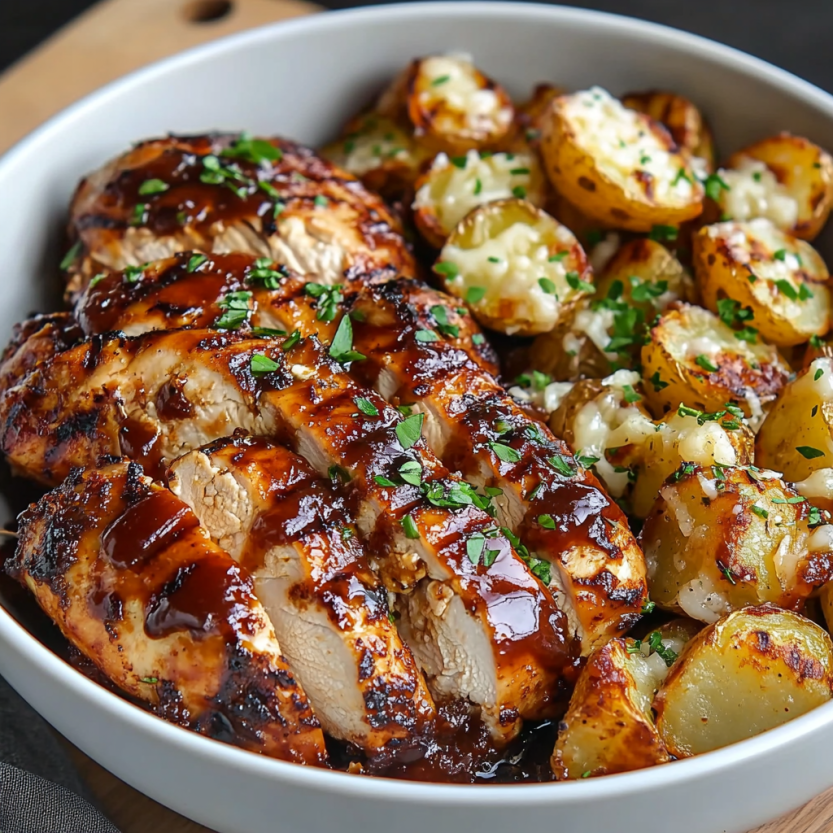 A bowl of BBQ chicken and garlic Parmesan potatoes.