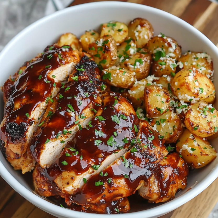 A bowl of BBQ chicken and garlic Parmesan potatoes.