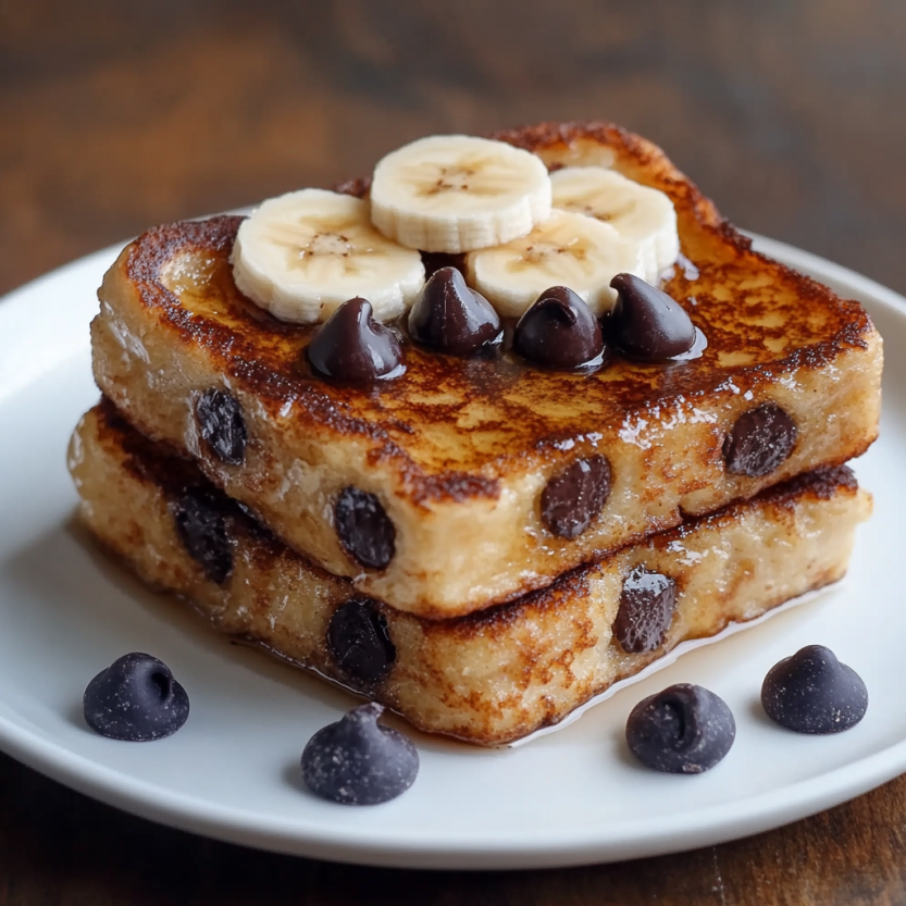 A stack of banana pancakes with chocolate chips on top.
