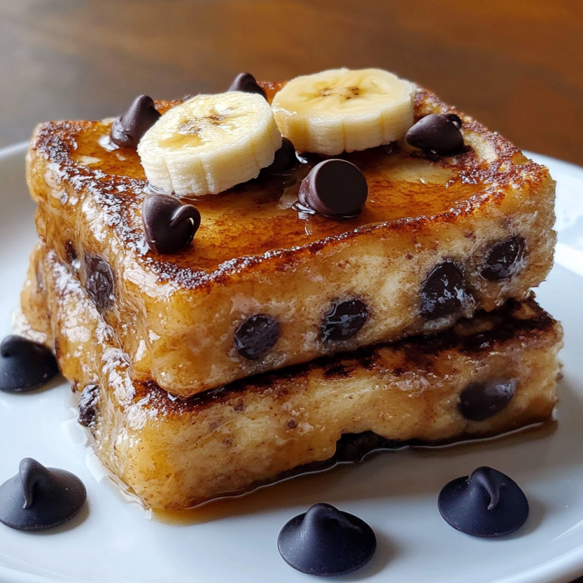A stack of banana pancakes with chocolate chips.