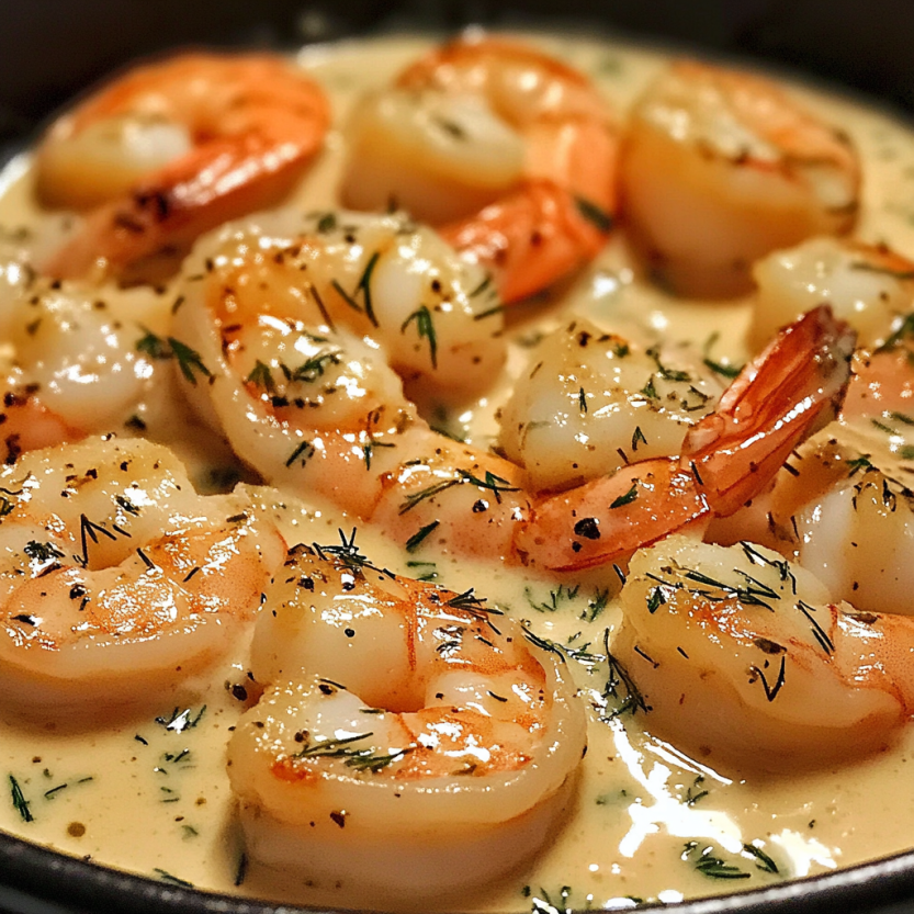 Creamy garlic shrimp in skillet