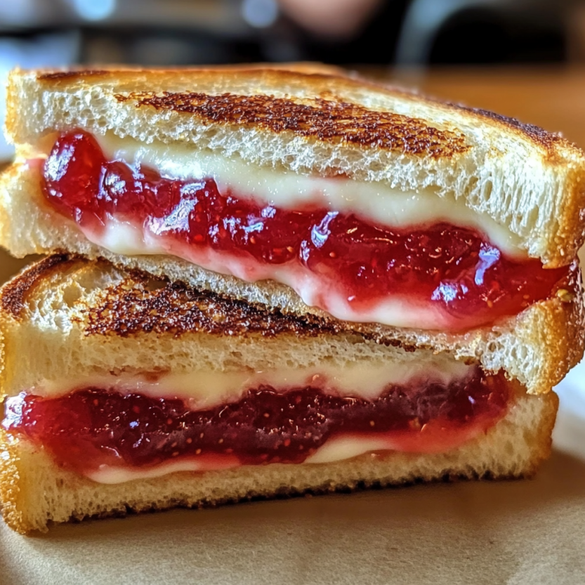 A close up of a fried strawberry cheesecake sandwich.