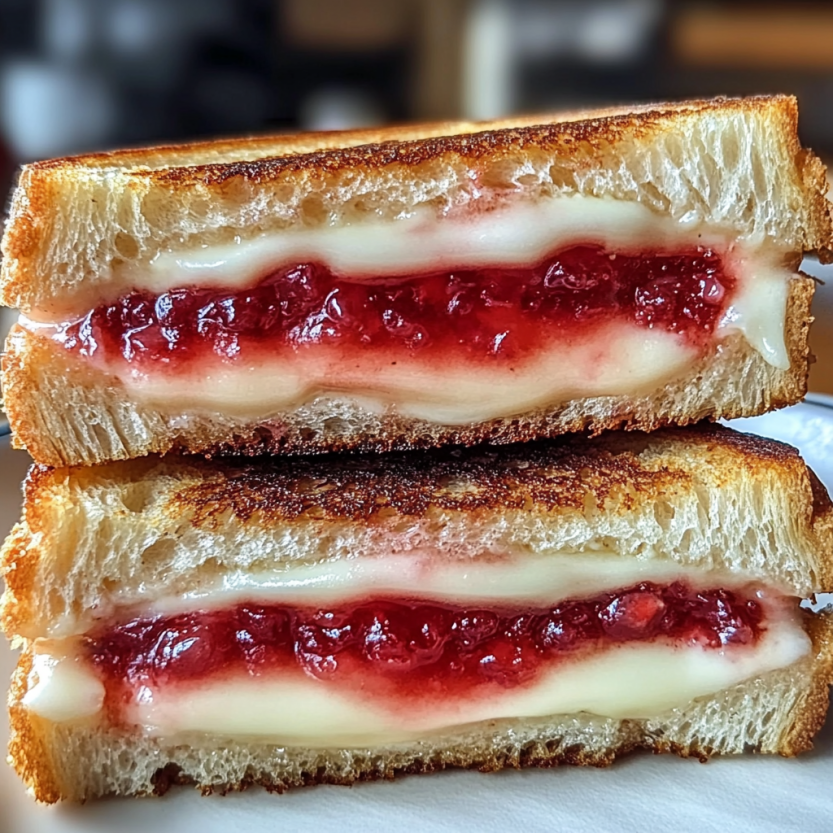 A close up of a fried strawberry cheesecake sandwich.
