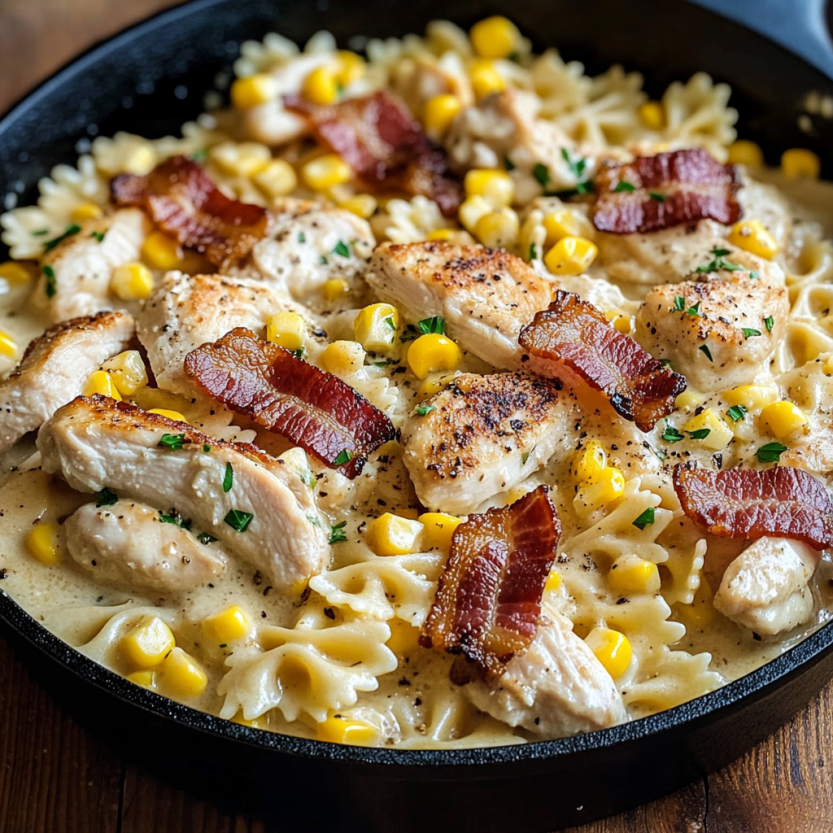 A creamy chicken corn pasta bacon dish.