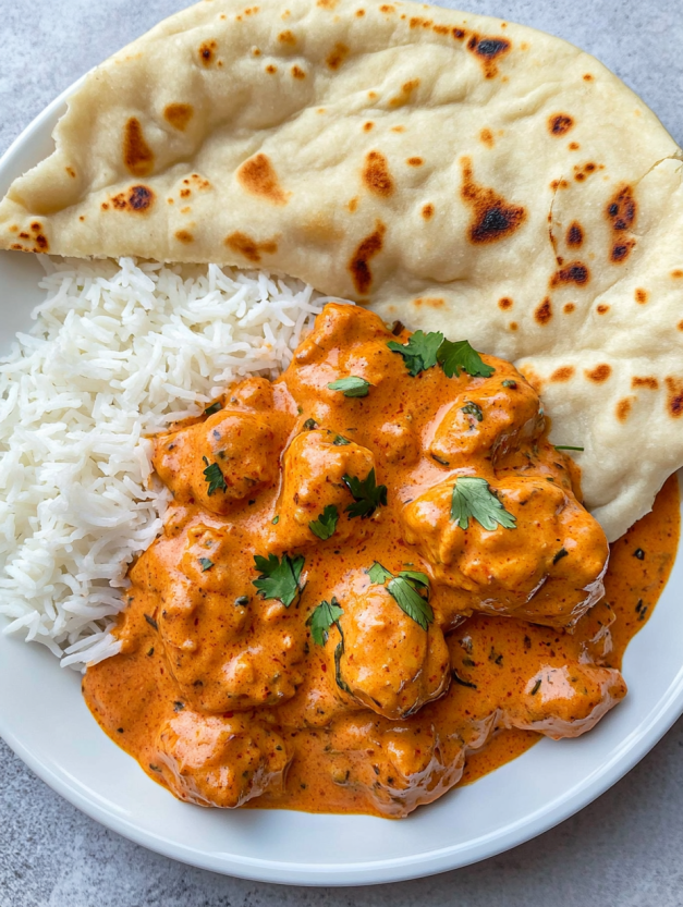 A plate of food with rice and butter chicken.