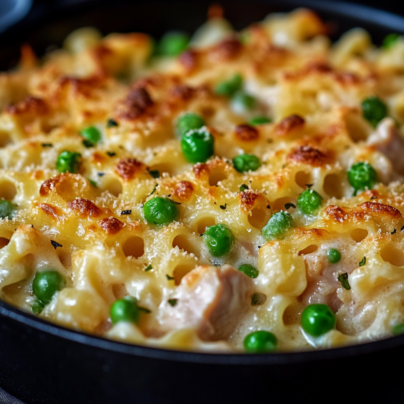A close up of a tuna casserole with peas and cheese.