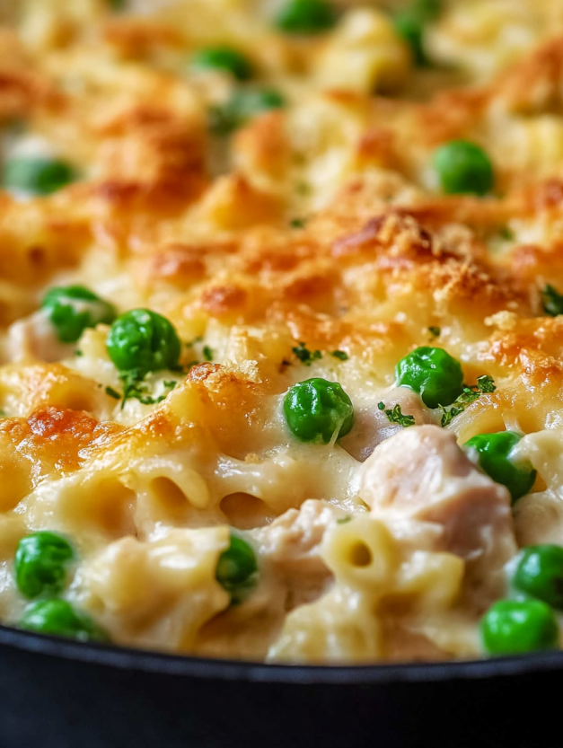 A dish of tuna casserole with peas and cheese.