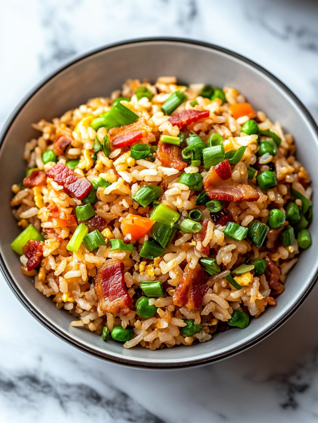 A bowl of rice with bacon and peas.