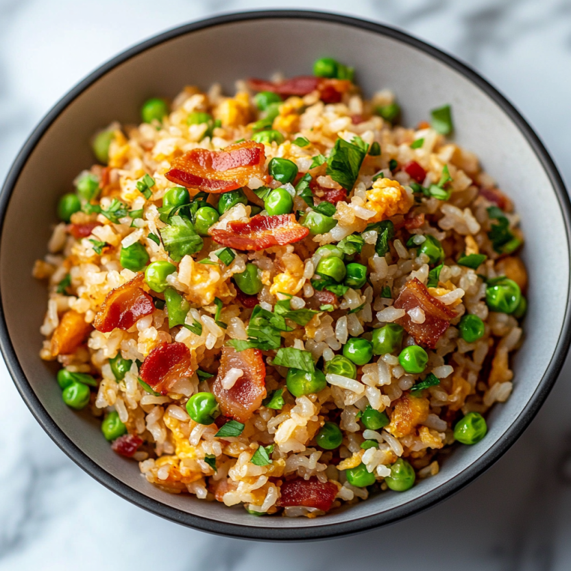 A bowl of rice with bacon and peas.