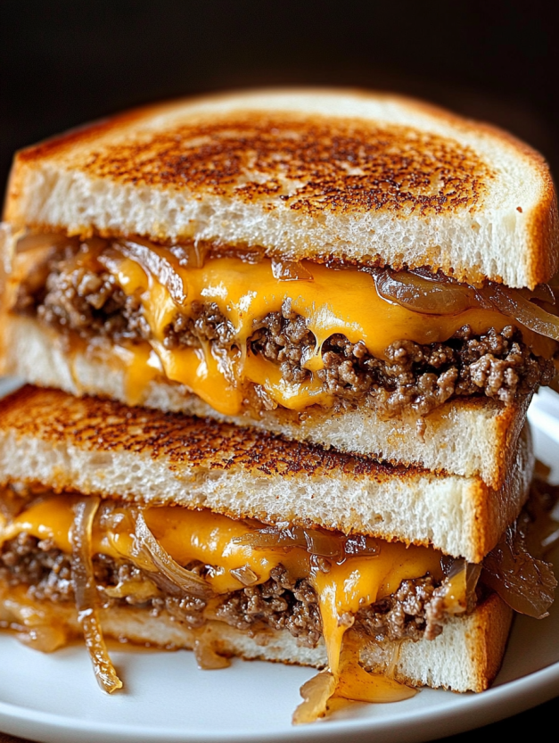 A Patty Melt sandwich with cheese and onions.