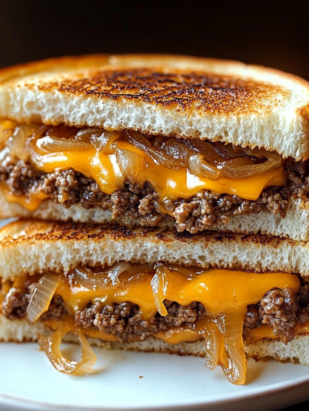 A Patty Melt sandwich with cheese and onions.