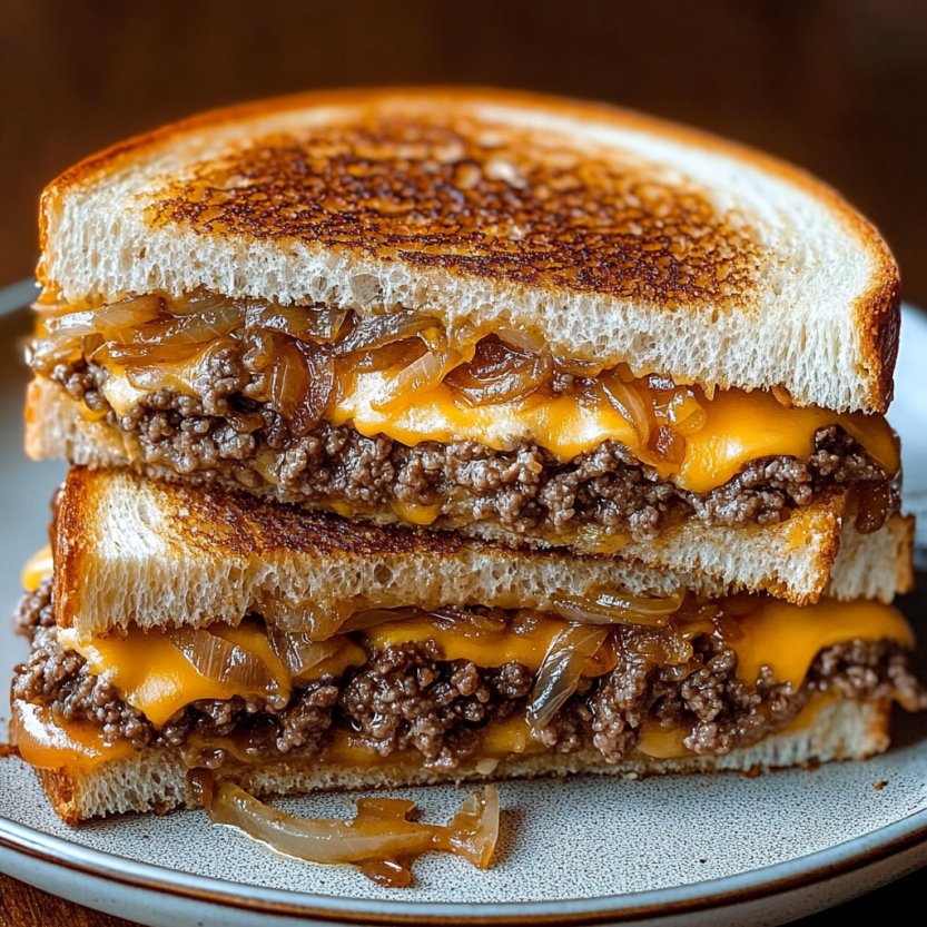 A Patty Melt sandwich with cheese and onions.