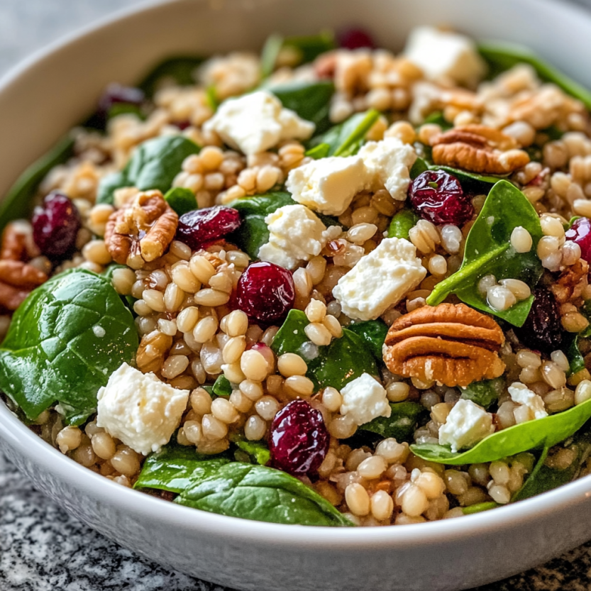 A bowl of feta and cranberry barley salad with lemon vinaigrette.