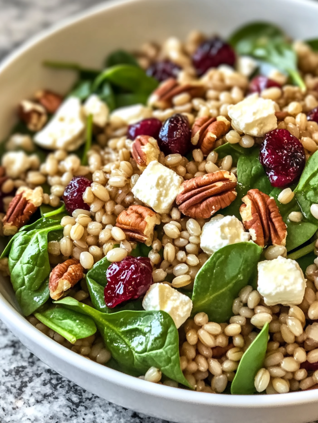 A bowl of Feta & Cranberry Barley Salad with Lemon Vinaigrette.