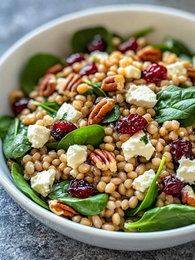 A bowl of feta and cranberry barley salad with lemon vinaigrette.