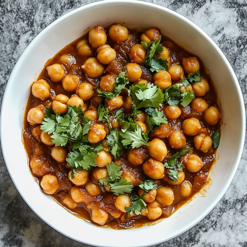 A bowl of chickpeas with a spicy sauce.