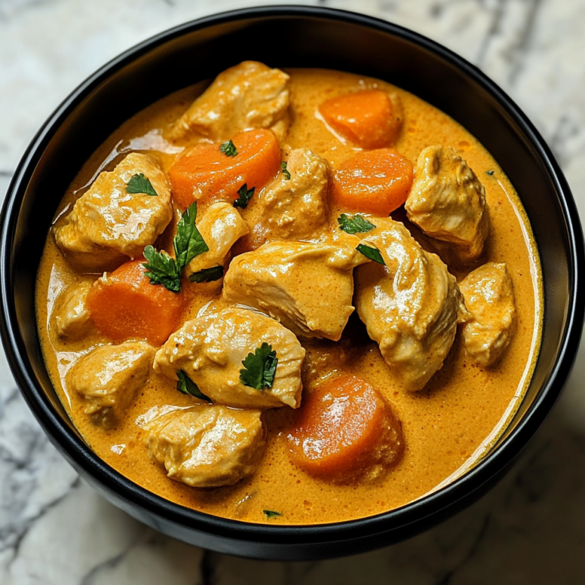 A bowl of chicken curry with coconut milk.