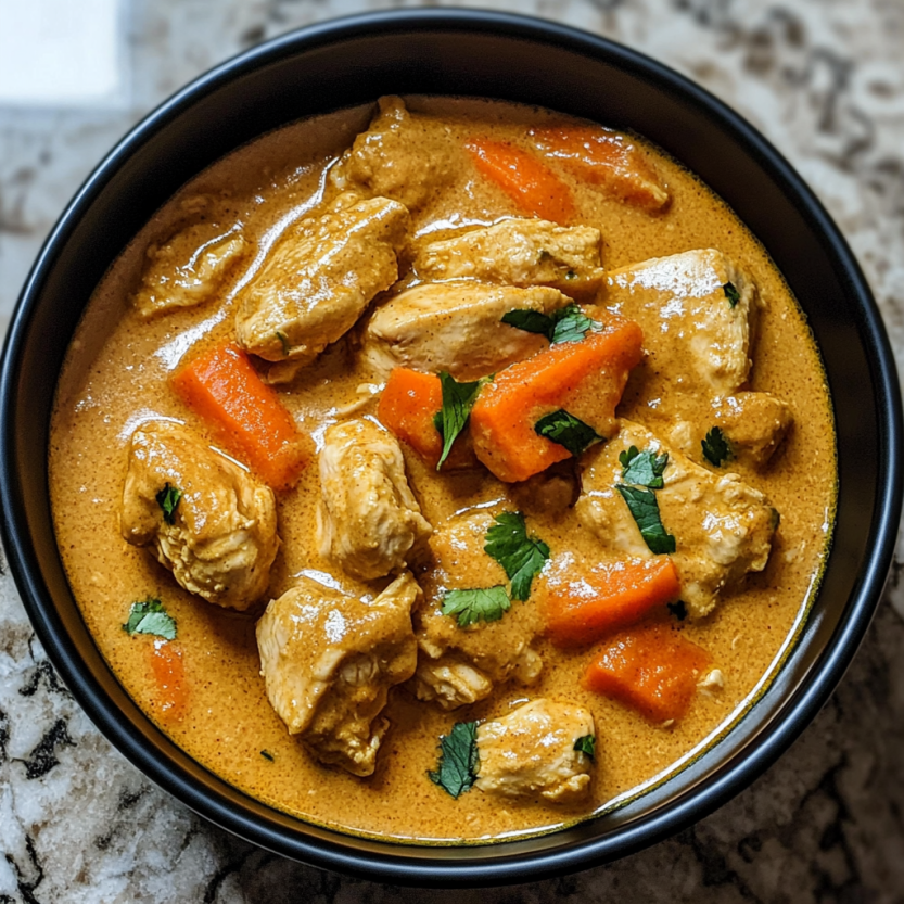 A bowl of chicken curry with coconut milk.