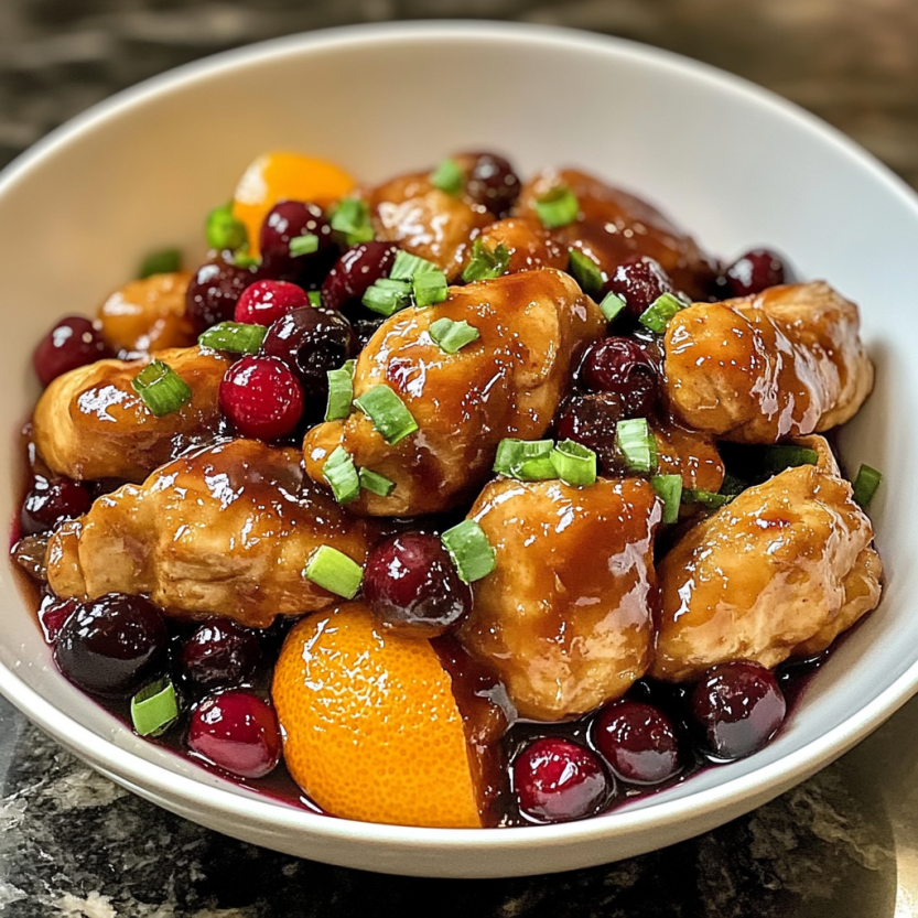 A bowl of chicken with orange and blueberries.