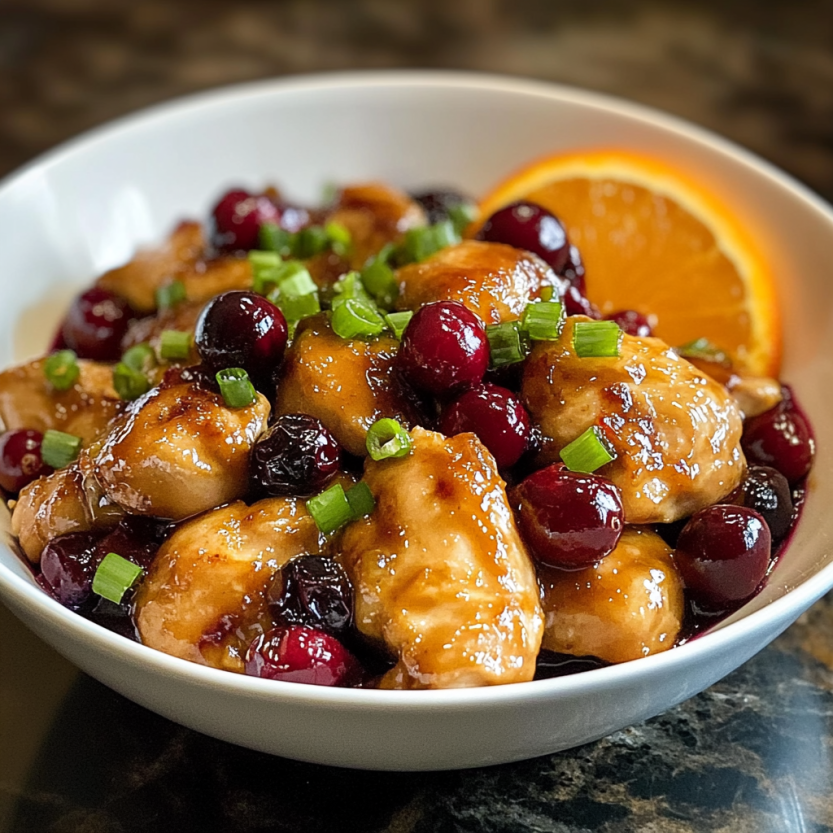 A bowl of orange and blueberry chicken.