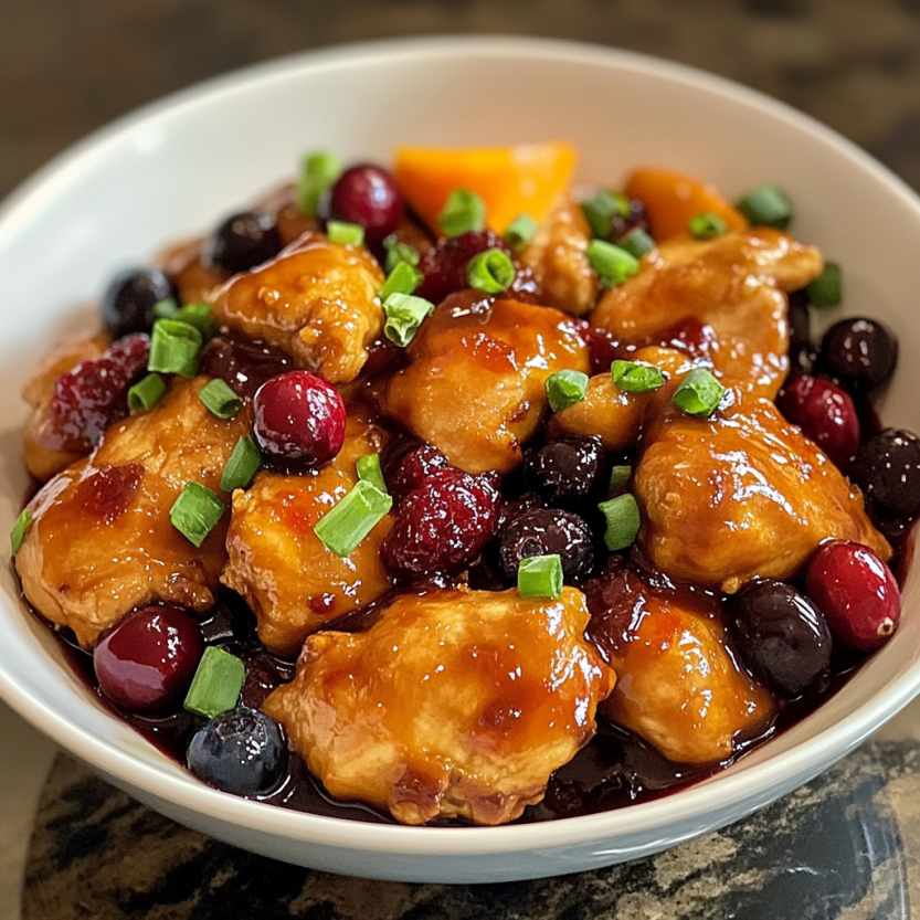 A bowl of chicken with orange and blueberries.