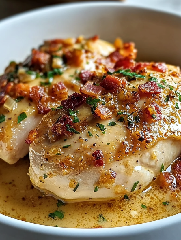 A close up of a piece of chicken with bacon and herbs.