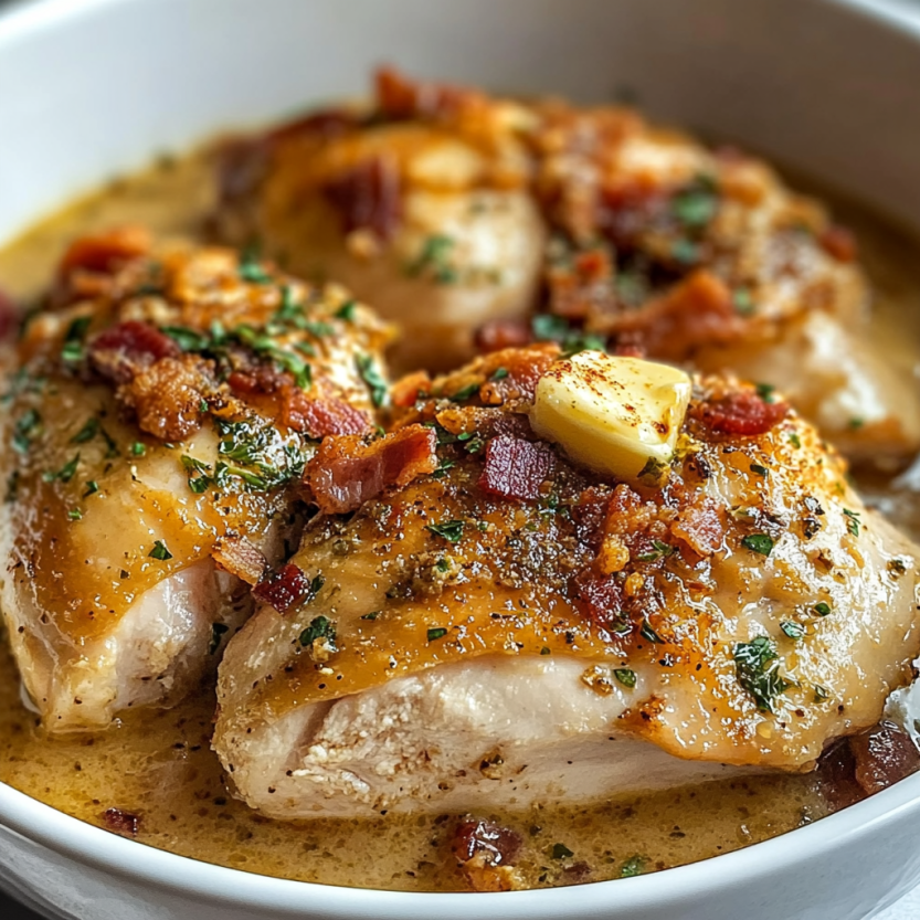 A bowl of chicken with bacon and cheese.