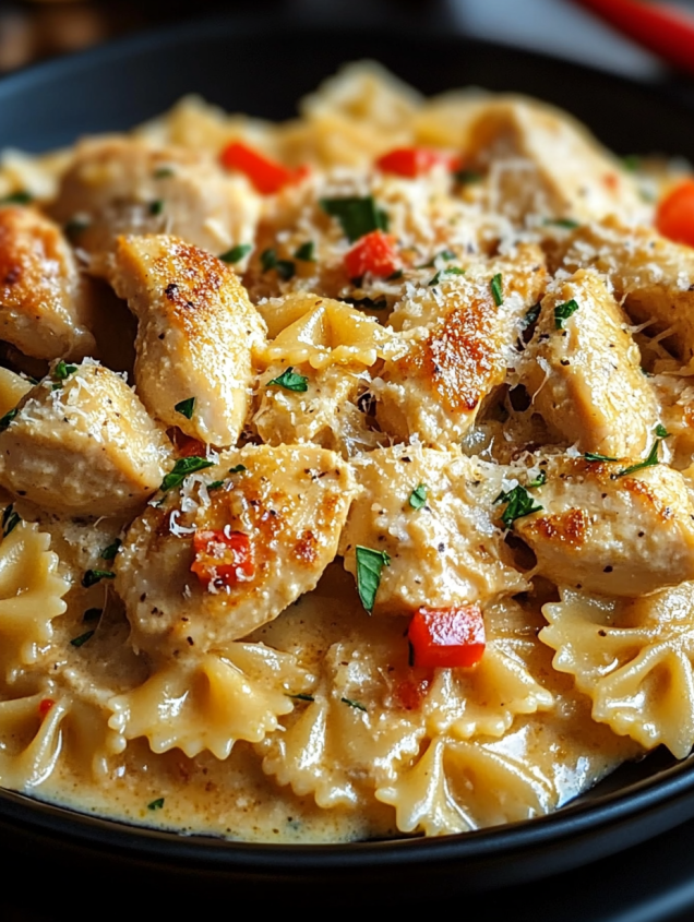 A bowl of chicken and pasta with a green herb on top.