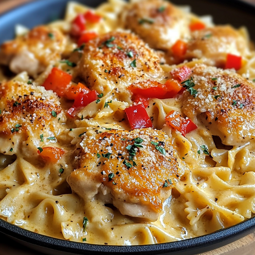 A plate of chicken and pasta.
