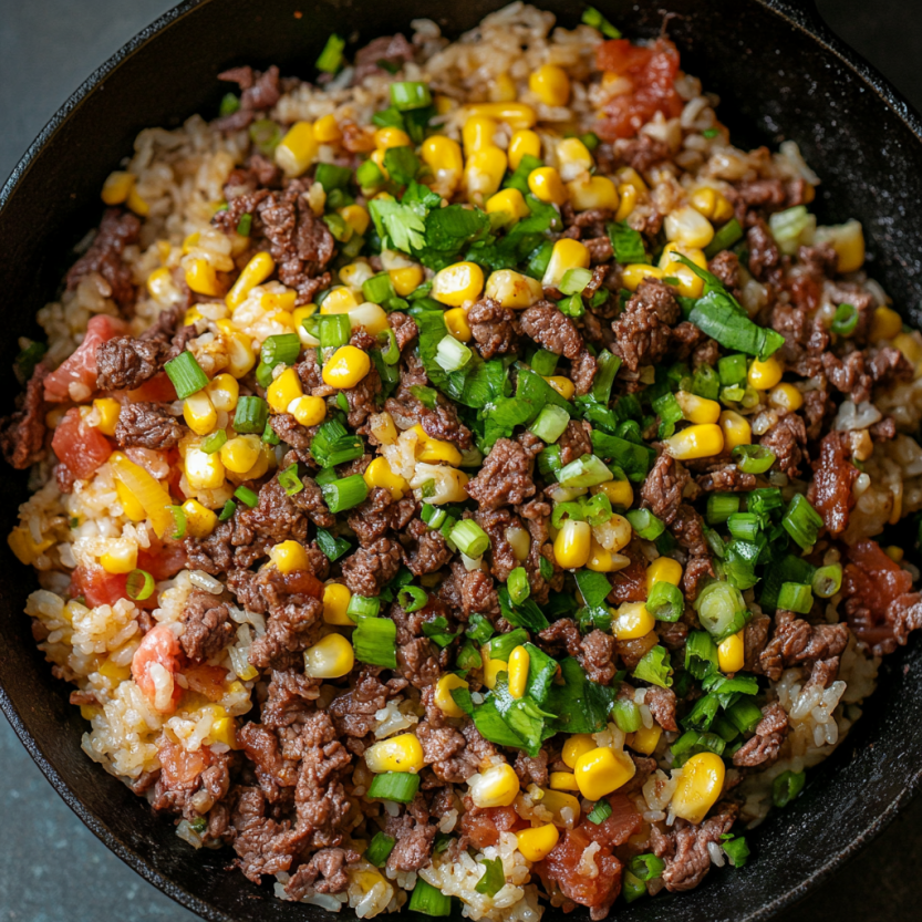 A bowl of rice with beef and peppers.