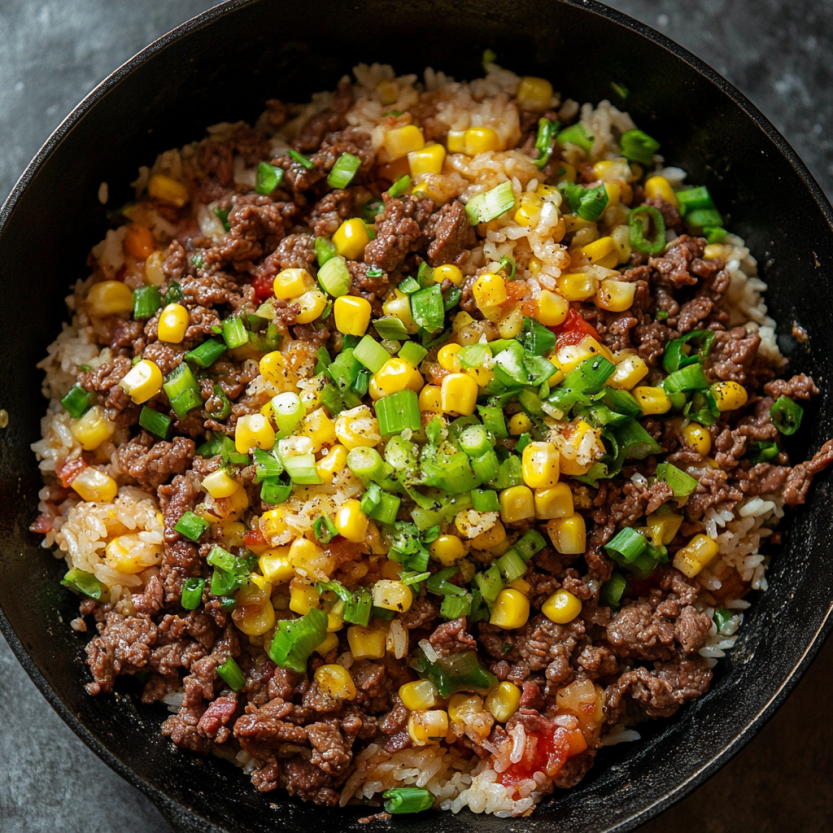A bowl of rice with beef and peppers.